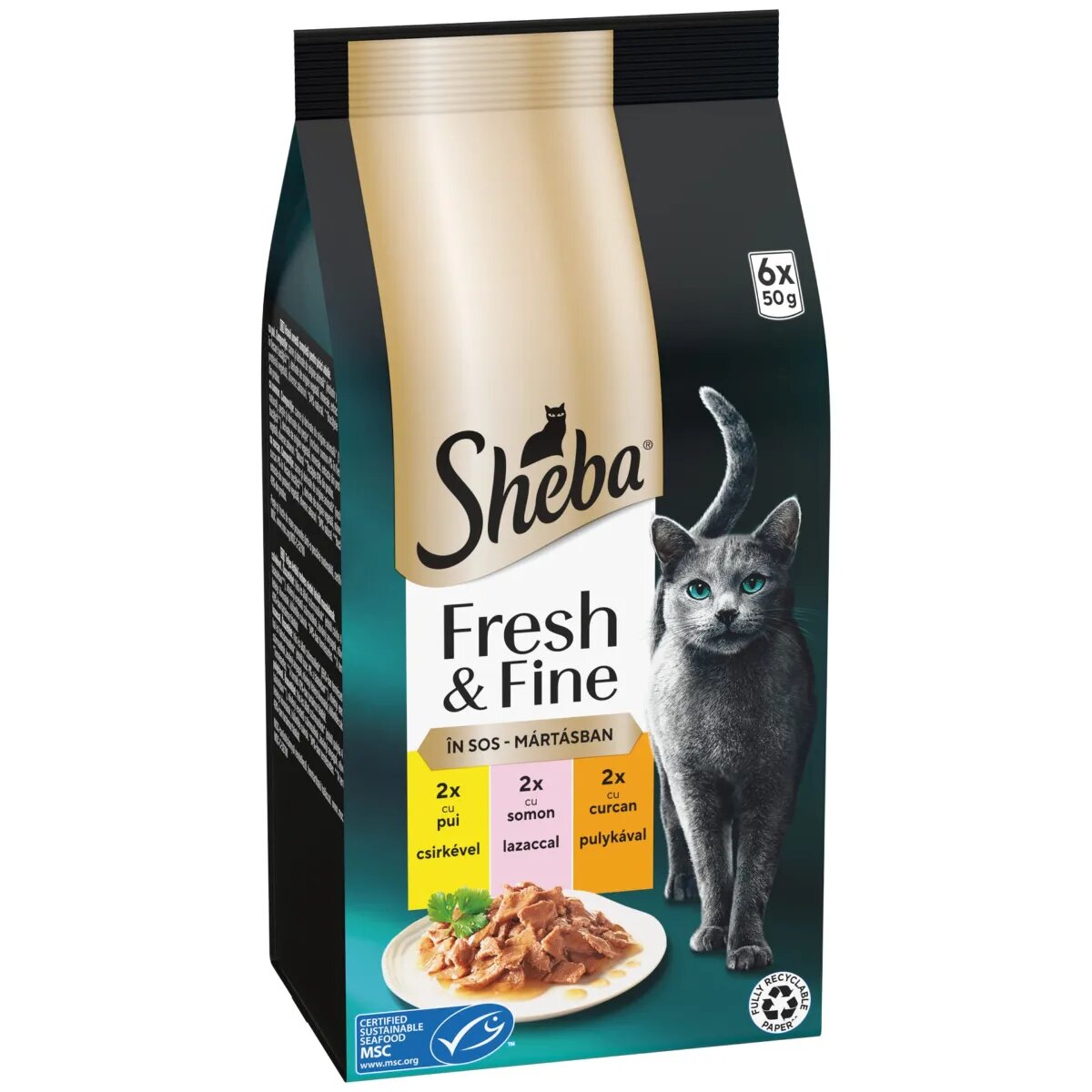SHEBA Fresh & Fine Selectie mixt cu Pui Somon și Curcan plic hrană umedă pisici (în sos) multipack 50g x 6buc