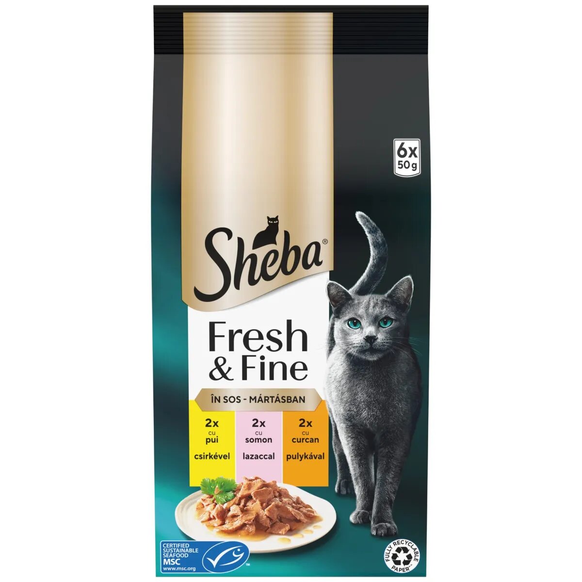 SHEBA Fresh & Fine Selectie mixt cu Pui Somon și Curcan plic hrană umedă pisici (în sos) multipack 50g x 6buc
