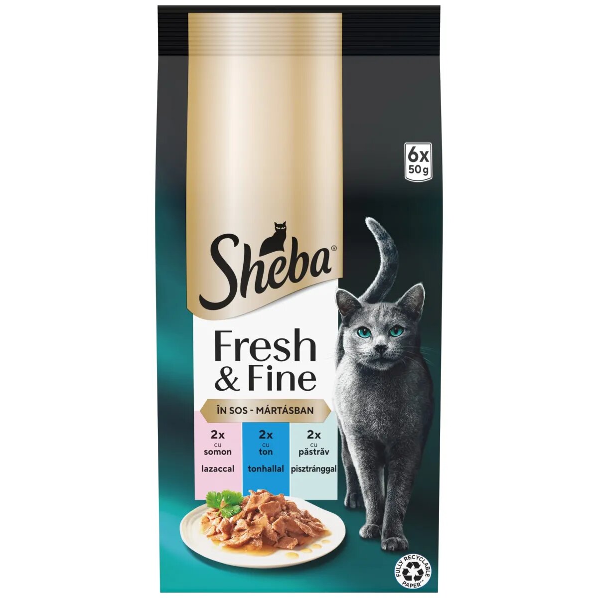 SHEBA Fresh & Fine Selectie Mixt cu Somon Ton și Păstrăv plic hrană umedă pisici (în sos) multipack 50g x 6buc