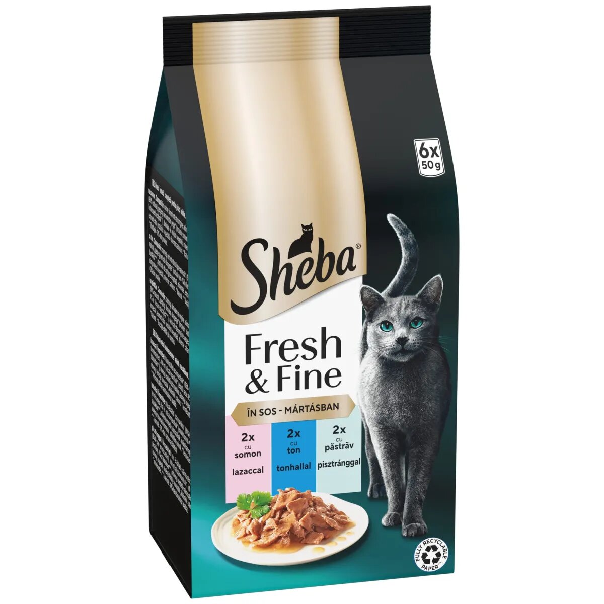 SHEBA Fresh & Fine Selectie Mixt cu Somon Ton și Păstrăv plic hrană umedă pisici (în sos) multipack 50g x 6buc