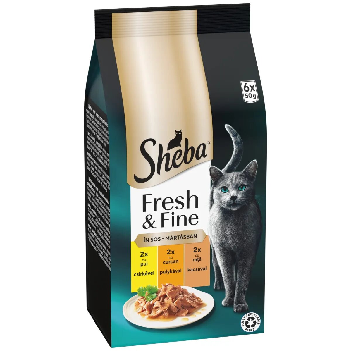 SHEBA Fresh & Fine Selectie Mixta cu Pui Curcan și Rață plic hrană umedă pisici (în sos) multipack 50g x 6buc