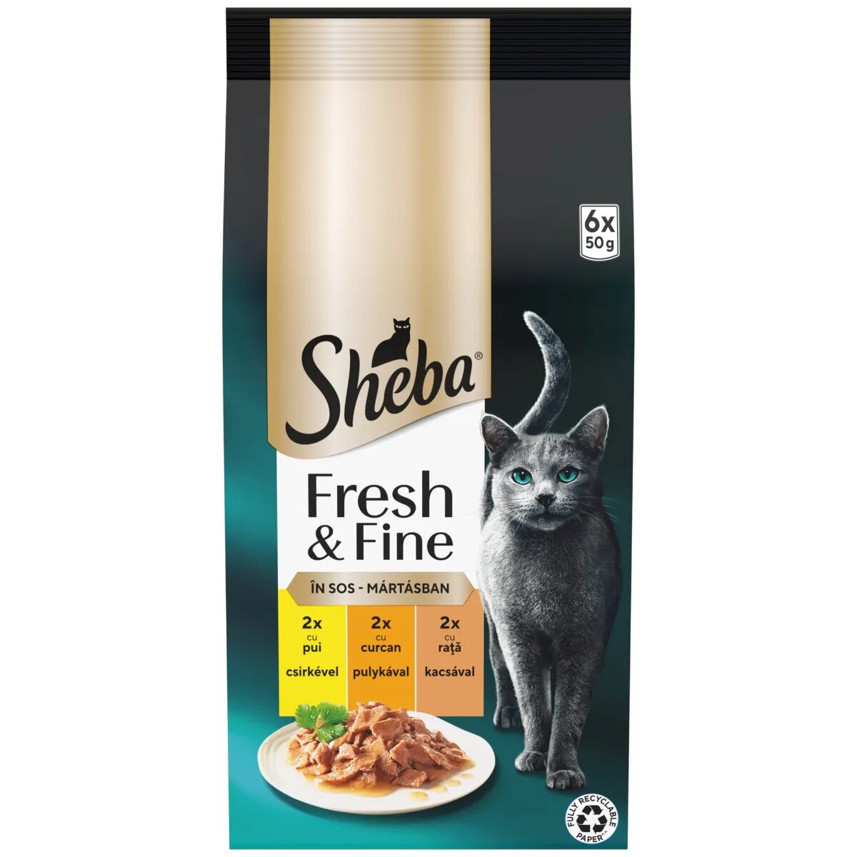 SHEBA Fresh & Fine Selectie Mixta cu Pui Curcan și Rață plic hrană umedă pisici (în sos) multipack 50g x 6buc