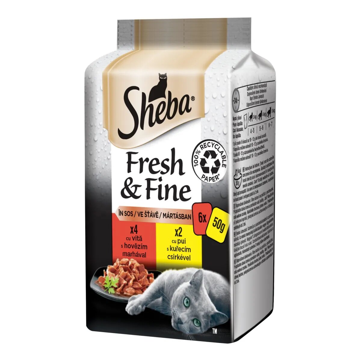 SHEBA Fresh & Fine Selectii Mixte Vită și Pui plic hrană umedă pisici (în sos) multipack 50g x 6buc
