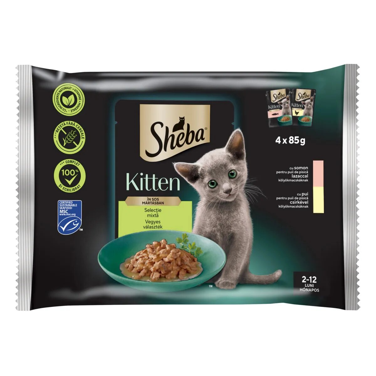 SHEBA Kitten Selectie Mixta Somon și Pui plic hrană umedă pisici junior (în sos) multipack 85g