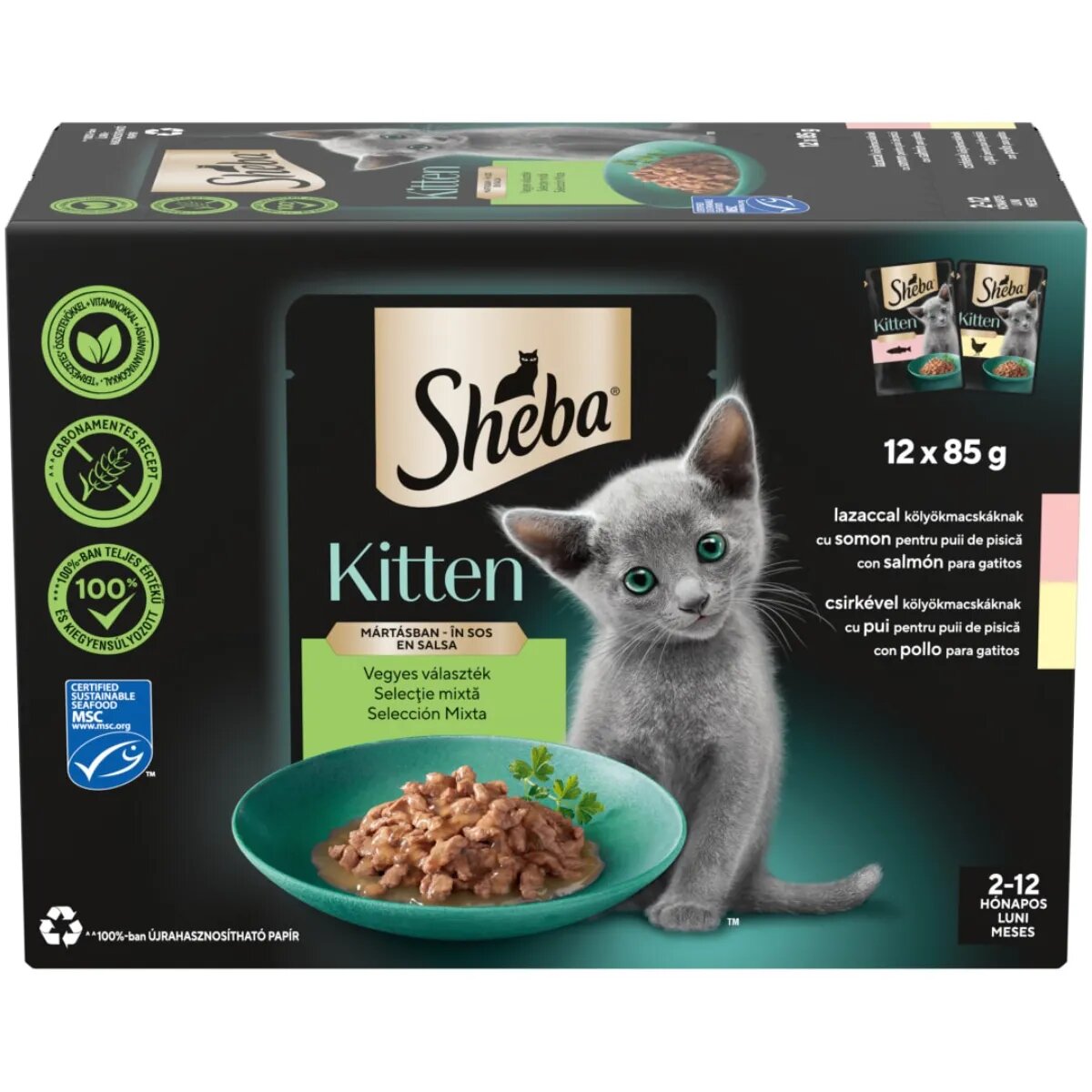 SHEBA Kitten Selectie Mixta Somon și Pui plic hrană umedă pisici junior (în sos) multipack 85g x 12buc