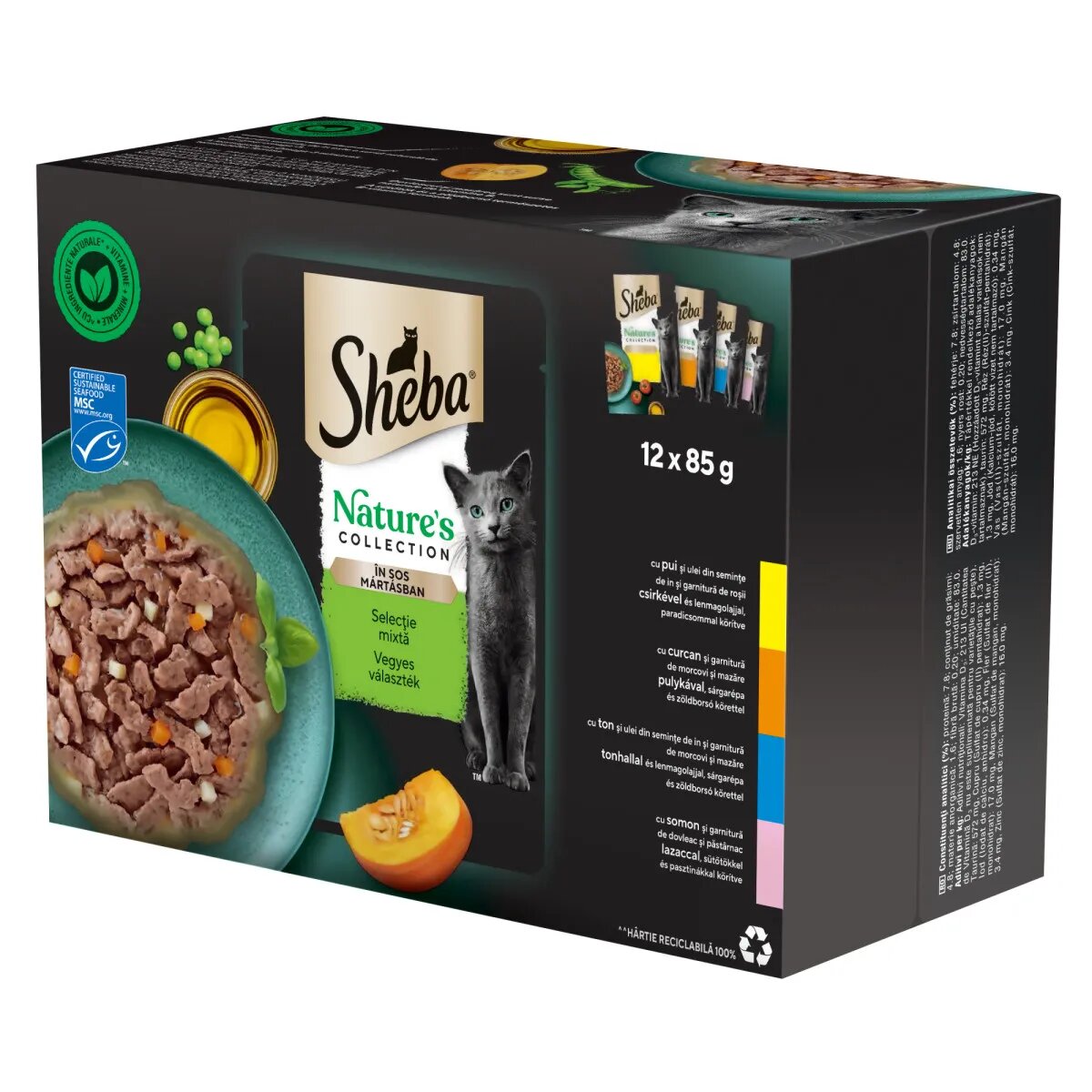 SHEBA Nature's Collection Selectie Mixta Carne și Pește plic hrană umedă fără cereale pisici (în sos) megapack 85g x 12buc