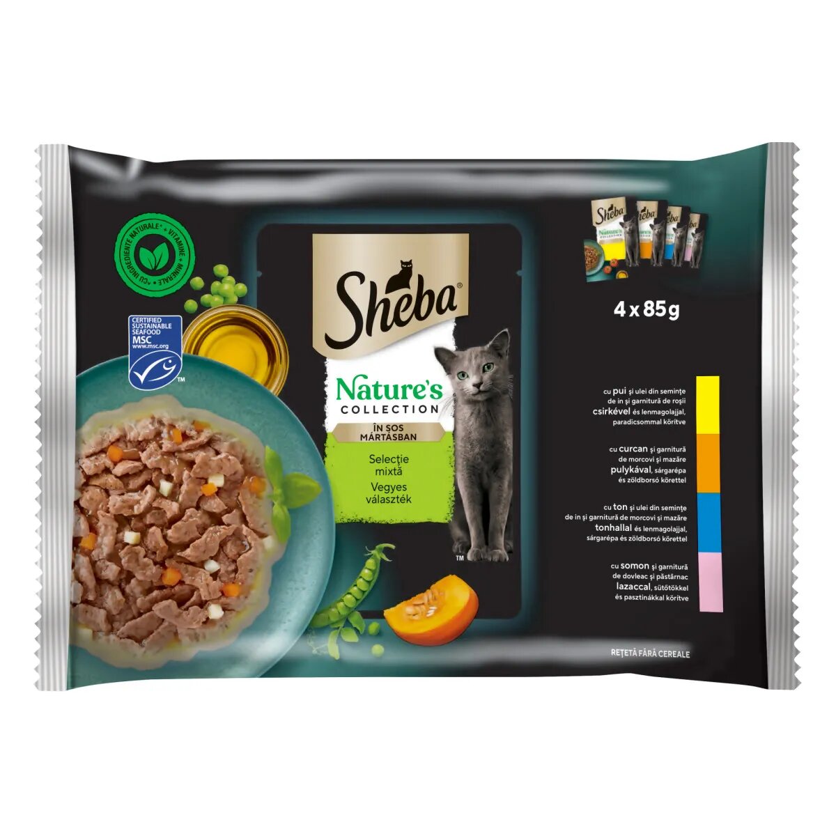 SHEBA Nature's Collection Selectie Mixta Carne și Pește plic hrană umedă fără cereale pisici (în sos) multipack 85g x 4buc