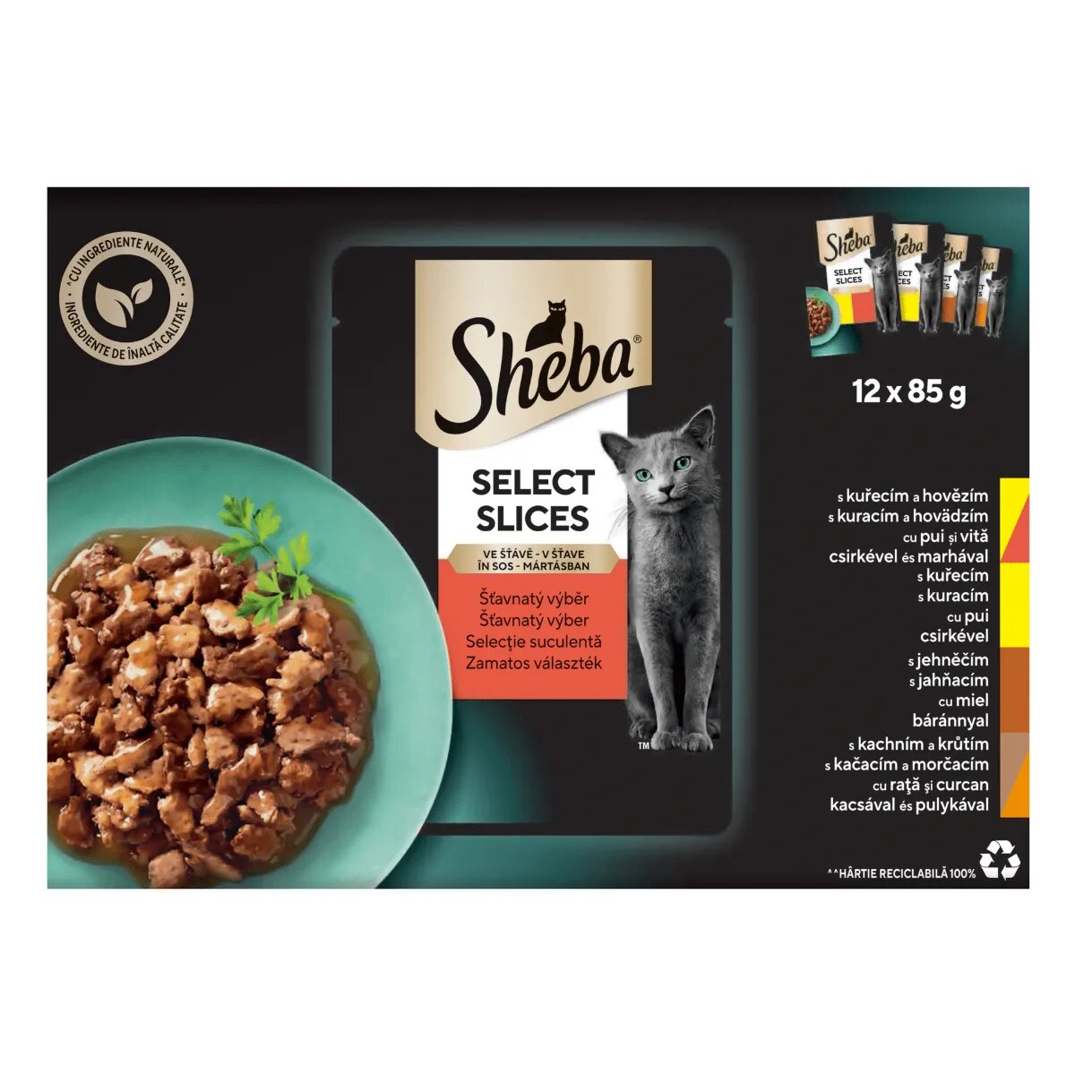 SHEBA Select Slices Pui Miel Rata si Curcan Pui și Vită plic hrană umedă pisici (în sos) multipack 85g x 12buc