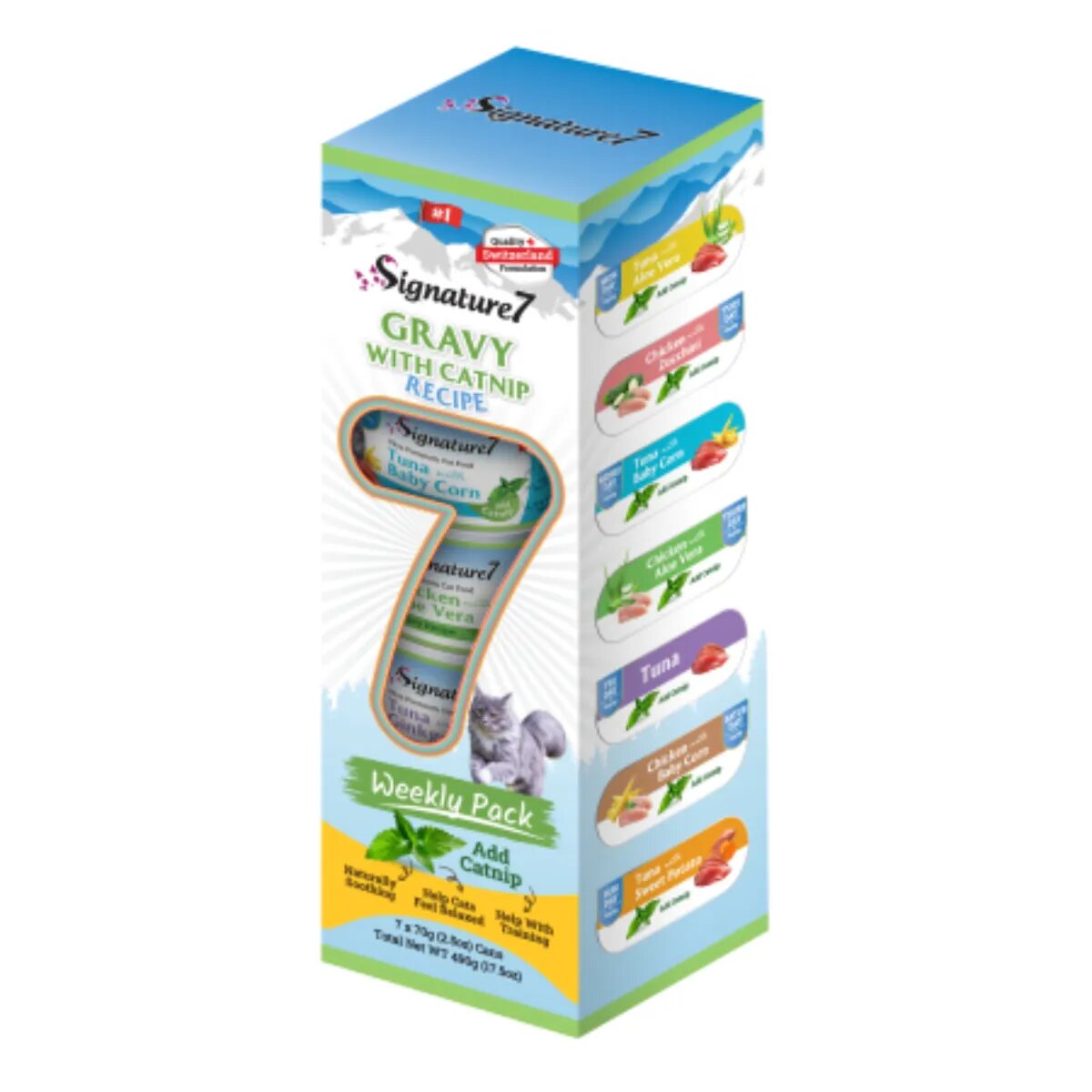 SIGNATURE7 Weekly Pack Gravy with Catnip Receipe Ton și Pui conservă hrană umedă fără cereale pisici (în sos) multipack 70g x 7buc