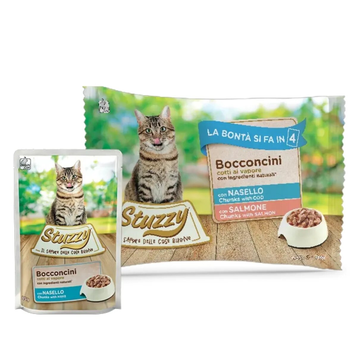 Stuzzy Chunks Pack Cod și Somon plic hrană umedă pisici (în aspic) multipack 85g x 4buc