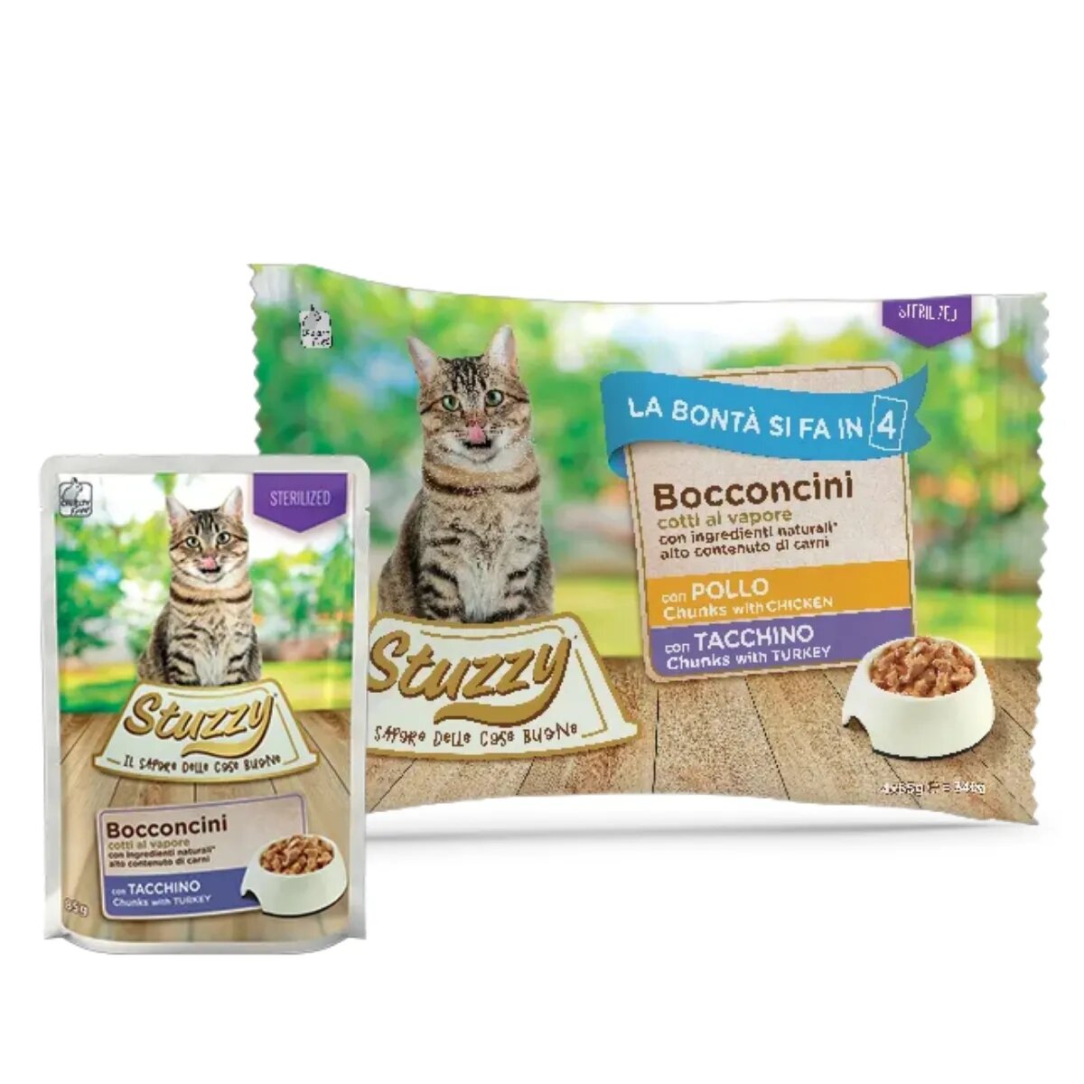 Stuzzy Chunks Pack Sterilised Pui și Curcan plic hrană umedă pisici sterilizate (în sos) multipack 85g x 4buc