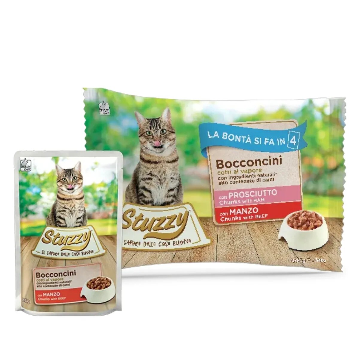 Stuzzy Chunks Pack Șuncă și Vită plic hrană umedă pisici (în aspic) multipack 85g x 4buc