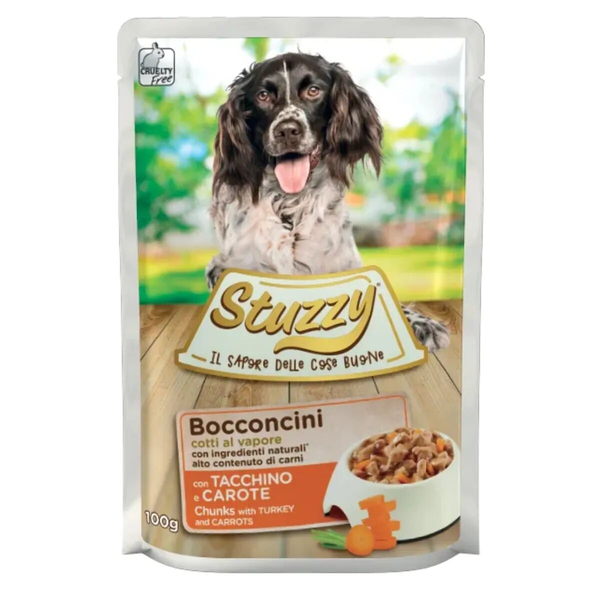 Stuzzy Chunks XS-XL Curcan și Morcov plic hrană umedă câini (în suc propriu) 100g
