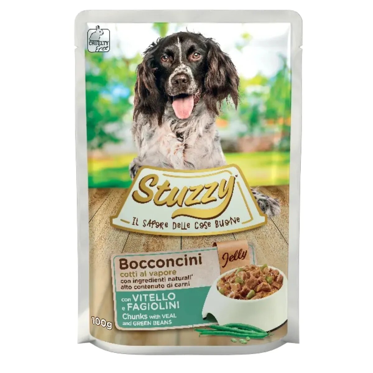 Stuzzy Chunks XS-XL Vițel și Fasole Verde plic hrană umedă câini (în aspic) 100g