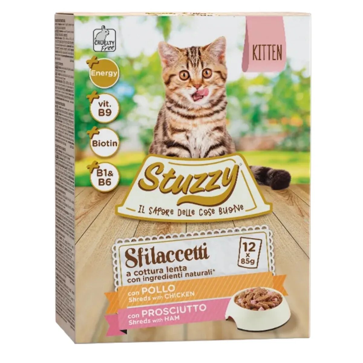 Stuzzy Shreds Pack Kitten Pui și Șuncă plic hrană umedă pisici junior (în sos) multipack 85g x 12buc
