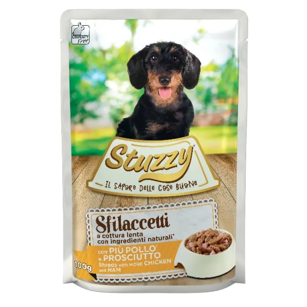 Stuzzy Shreds XS-XL Pui și Șuncă plic hrană umedă câini (în suc propriu) 100g