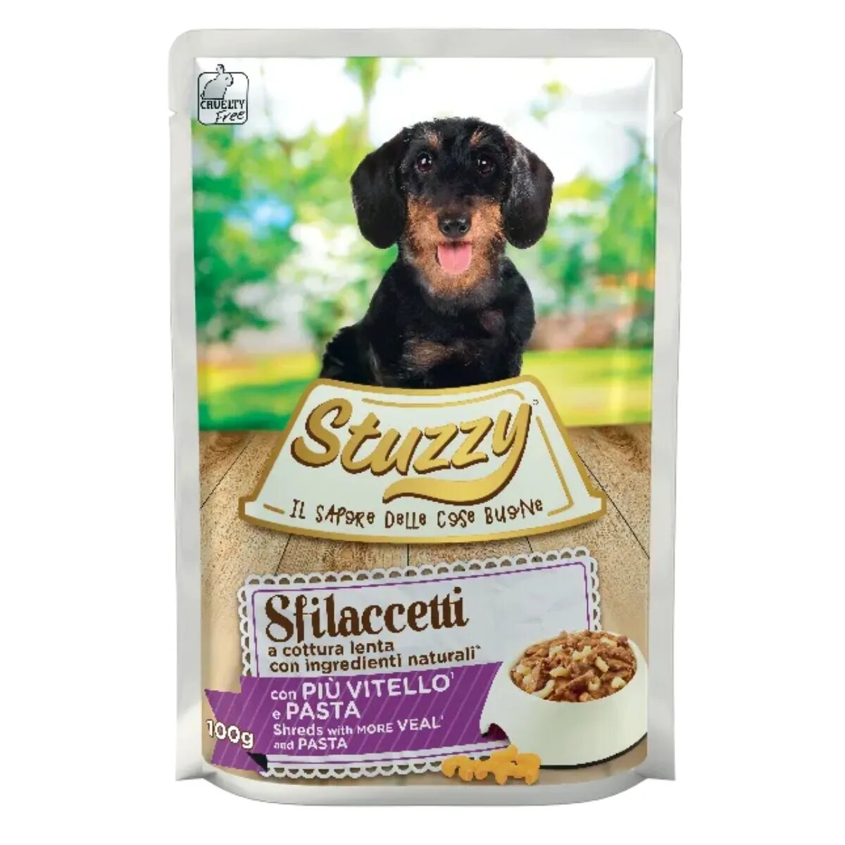 Stuzzy Shreds XS-XL Vițel și Paste plic hrană umedă câini (în suc propriu) 100g