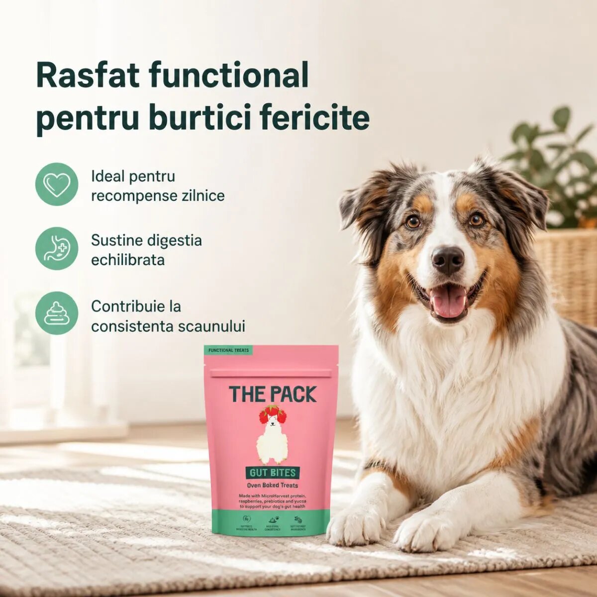 THE PACK Gut Bites XS-XL Fructe punguță recompense câini sistem digestiv 100g