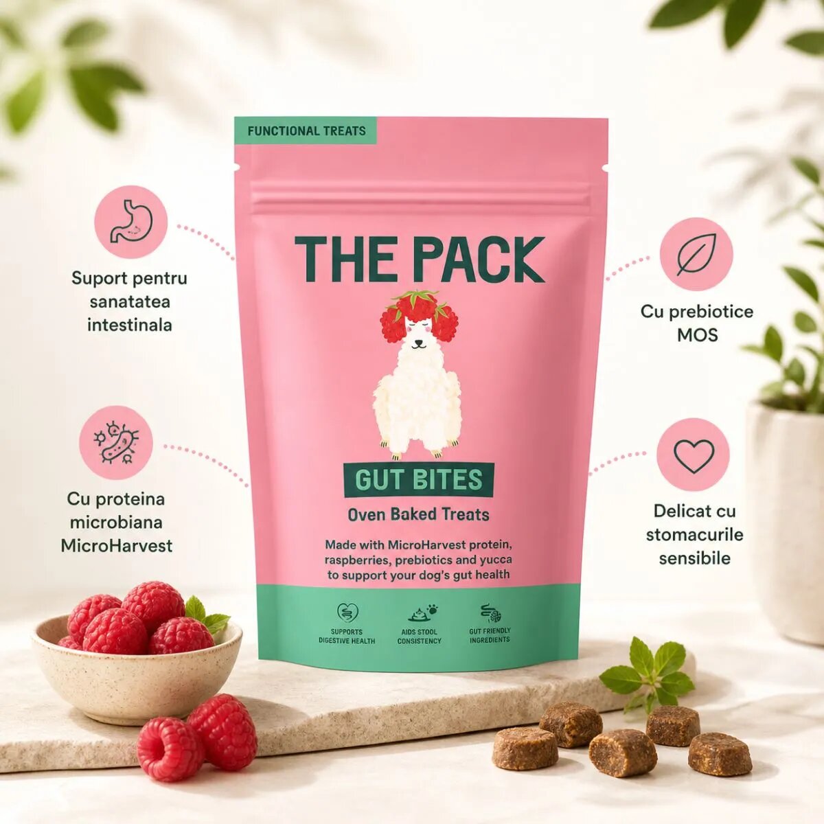 THE PACK Gut Bites XS-XL Fructe punguță recompense câini sistem digestiv 100g