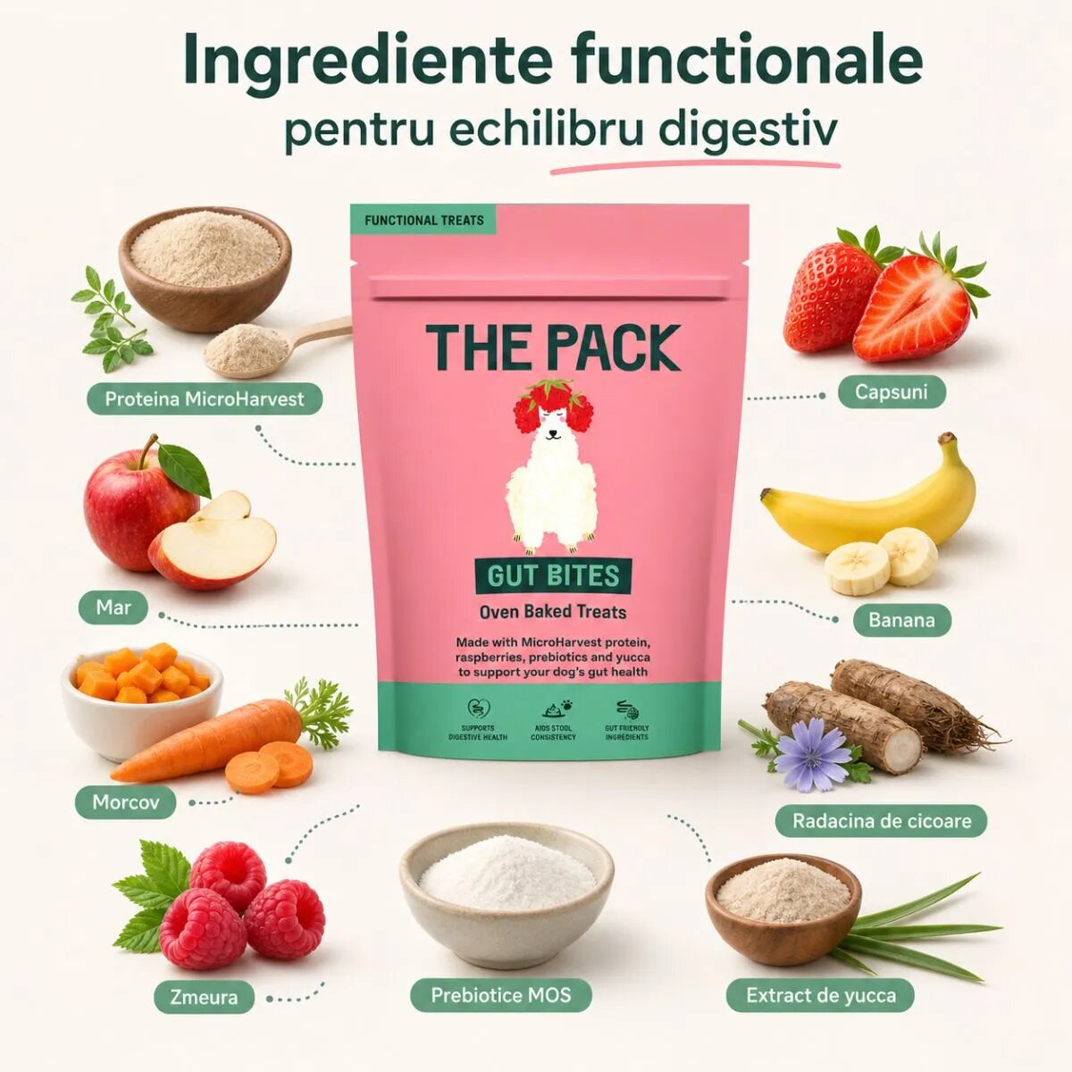 THE PACK Gut Bites XS-XL Fructe punguță recompense câini sistem digestiv 100g