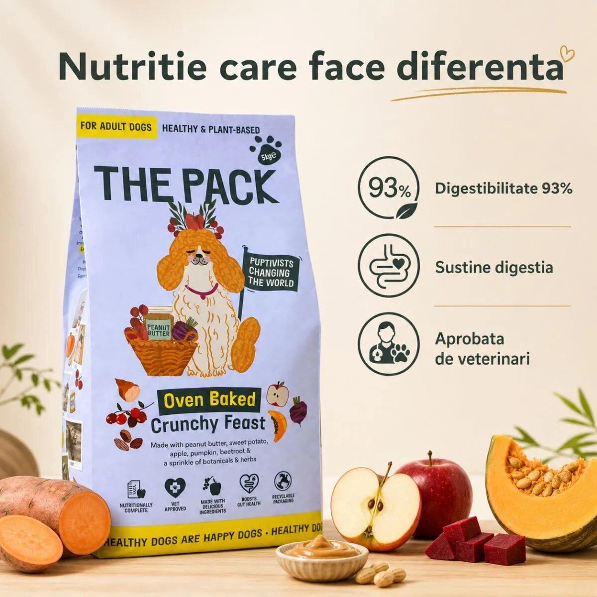 THE PACK Oven Baked Crunchy Feast XS-XL Legume și Fructe hrană uscată câini 5kg
