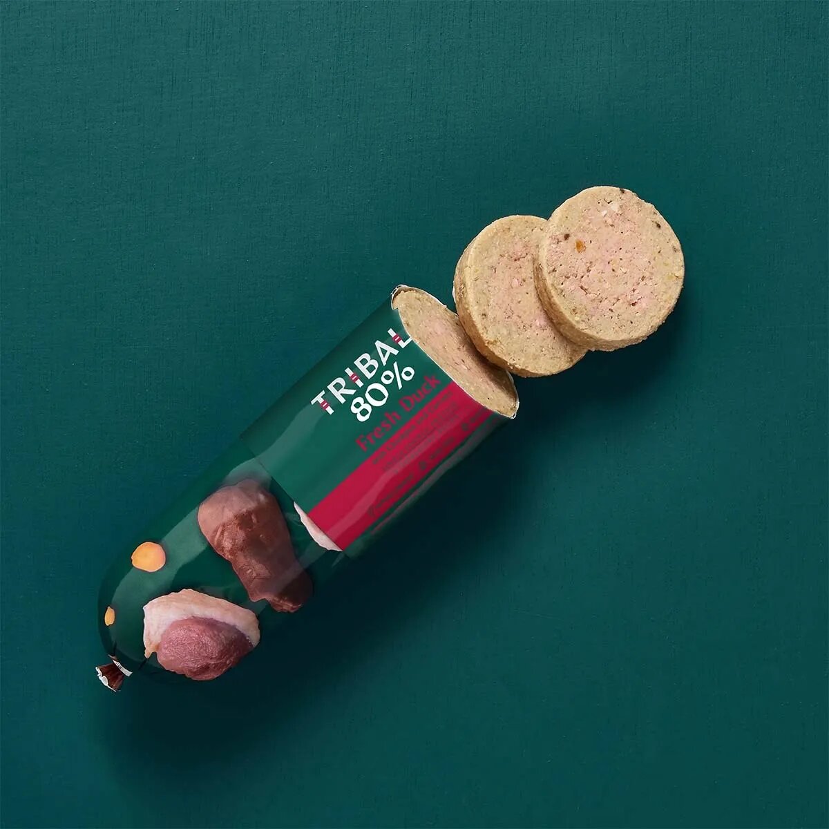 TRIBAL 80% Gourmet Sausage XS-XL Rață salam hrană umedă monoproteică fără cereale câini junior & adult (pate) 300g