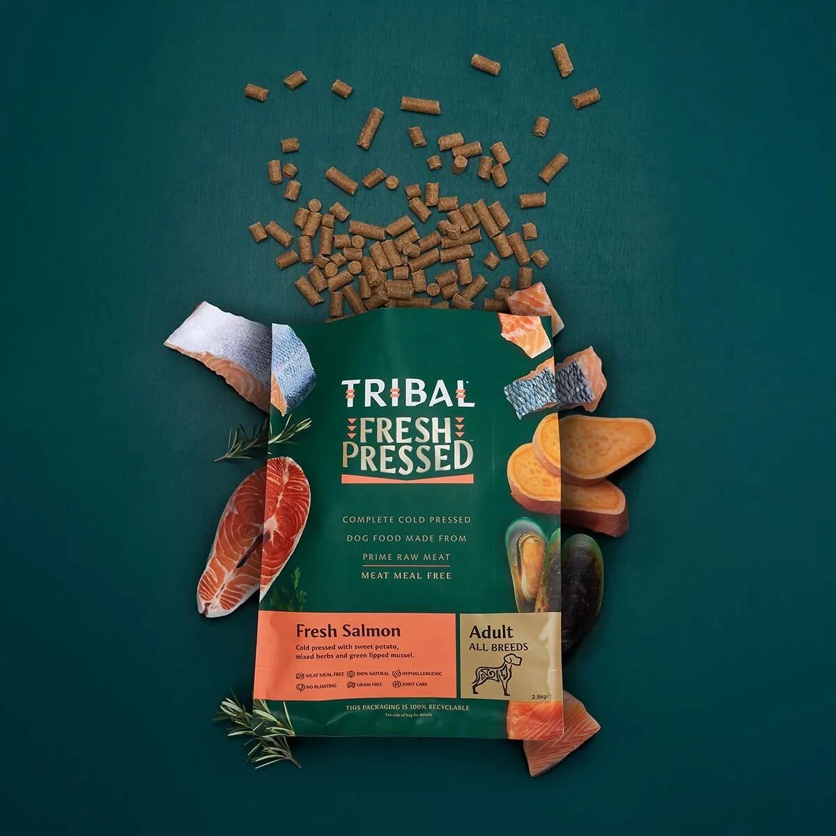 TRIBAL Fresh Pressed XS-XL Somon hrană uscată fără cereale câini presată la rece 2.5kg