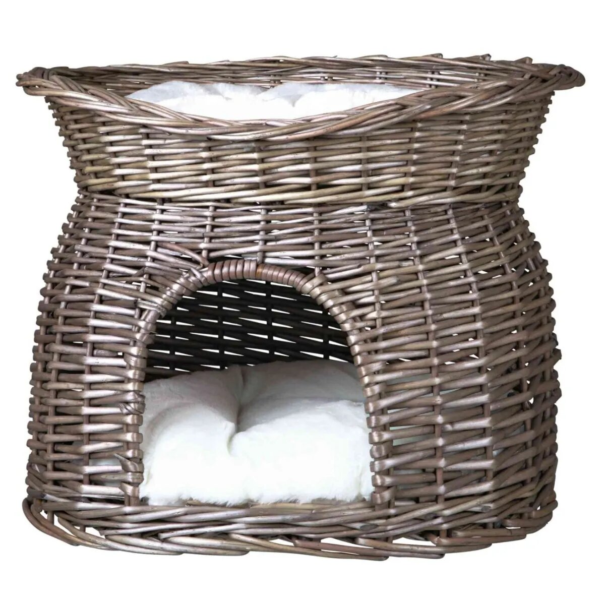 Trixie Coș cu 2 Pernițe coș asimetric câini și pisici XS-S răchită 54 x 43 x 37 cm Căsuță cu 2 Pernițe pisici răchită gri 54 x 43 x 37 cm