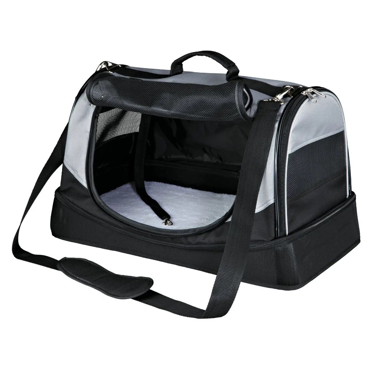 Trixie Holly geantă transport câini și pisici XS-M(max. 15kg) poliester deschidere frontală&laterală cu buzunare negru și gri 30 x 30 x 50 cm