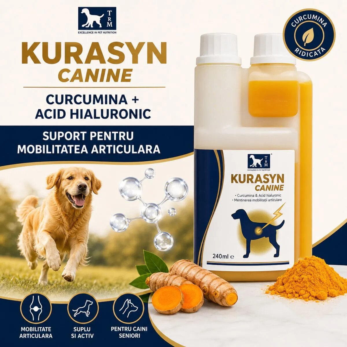 TRM Kurasyn supliment sistem articular câini suspensie orală Kurasyn XS-XL supliment sistem articular câini flacon 240ml suspensie orală