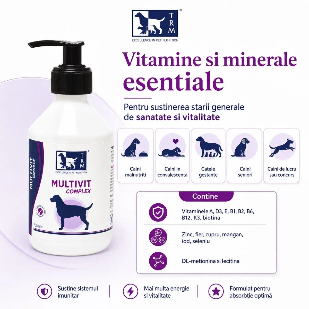 TRM Multivit Complex multivitamine câini suspensie orală Multivit Complex XS-XL multivitamine câini flacon 200ml suspensie orală