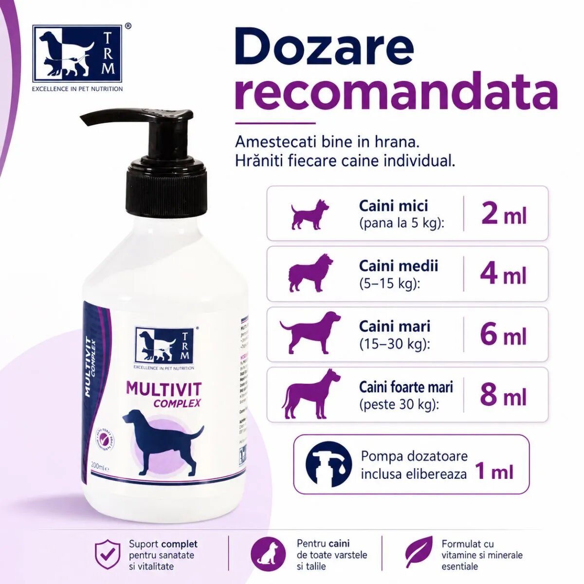 TRM Multivit Complex multivitamine câini suspensie orală Multivit Complex XS-XL multivitamine câini flacon 200ml suspensie orală
