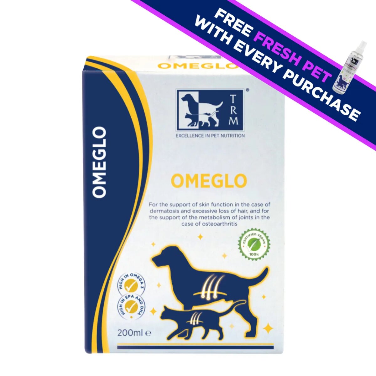 TRM Omeglo supliment piele & blană câini ulei Omeglo XS-XL supliment piele & blană câini și pisici flacon 200ml ulei