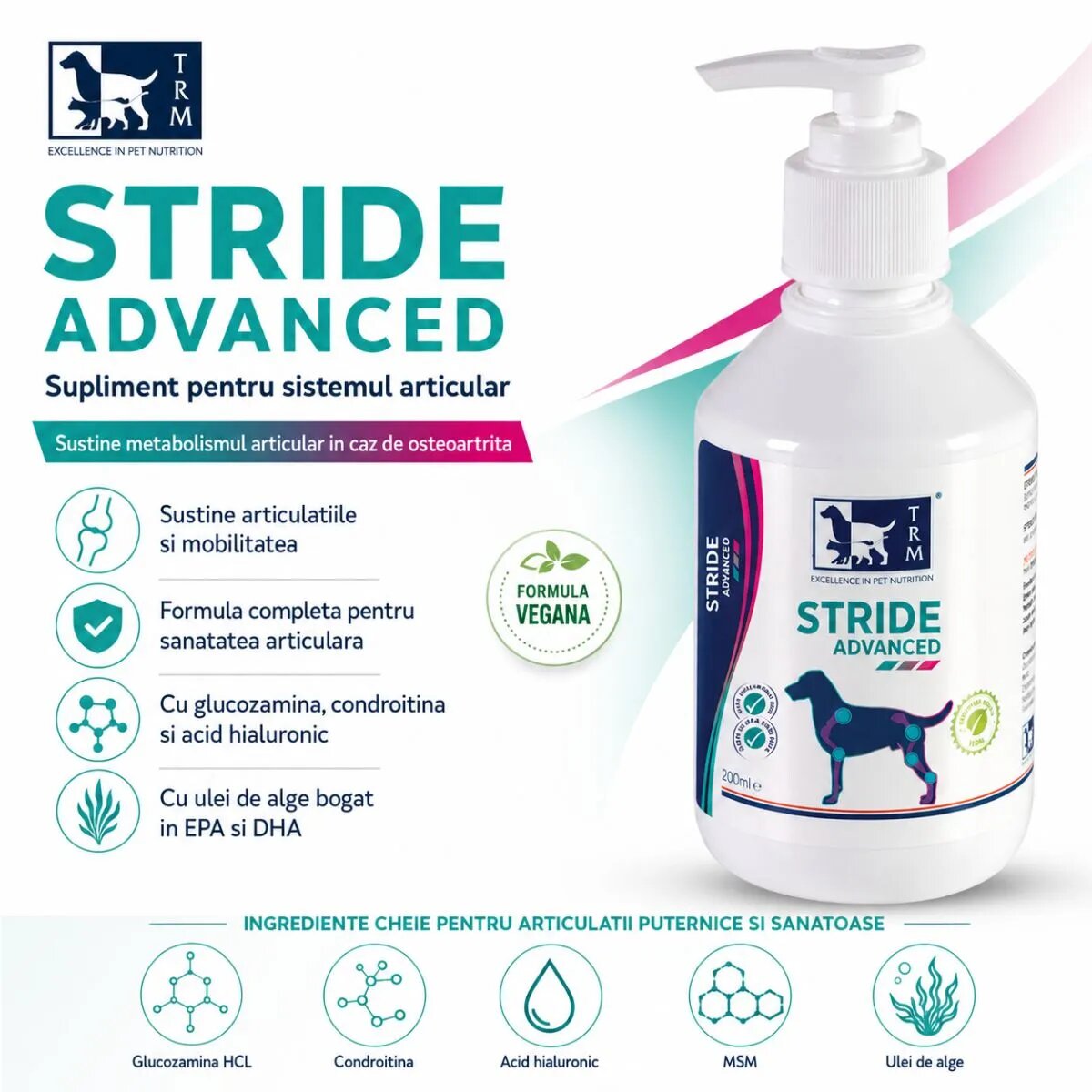 TRM Stride Advanced supliment sistem articular câini suspensie orală Stride Advanced XS-XL supliment sistem articular câini flacon 200ml suspensie orală