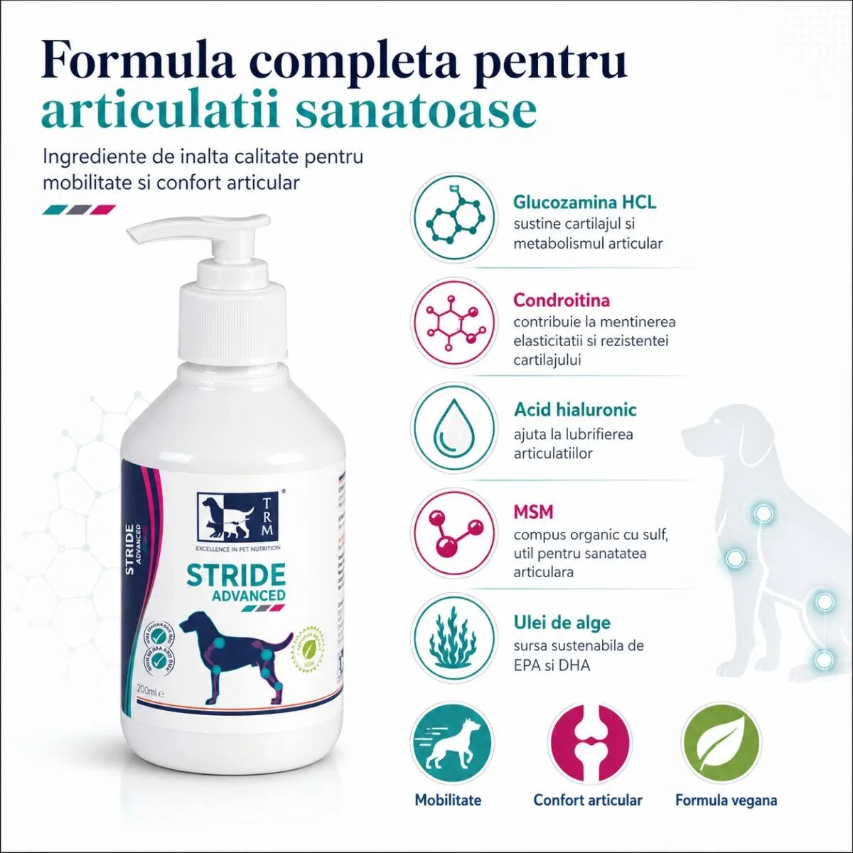 TRM Stride Advanced supliment sistem articular câini suspensie orală Stride Advanced XS-XL supliment sistem articular câini flacon 200ml suspensie orală