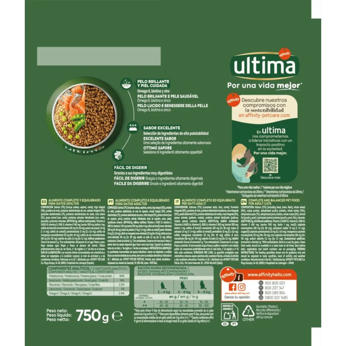 ULTIMA Adult Somon hrană uscată pisici 750g