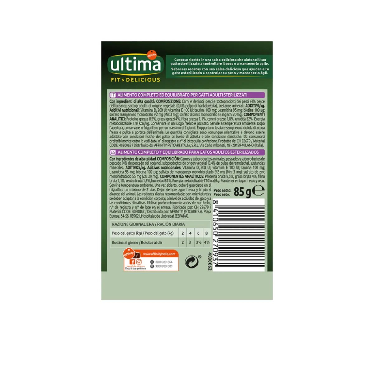 ULTIMA Fit & Delicious Sterilised Pește plic hrană umedă pisici sterilizate (în sos) 85g