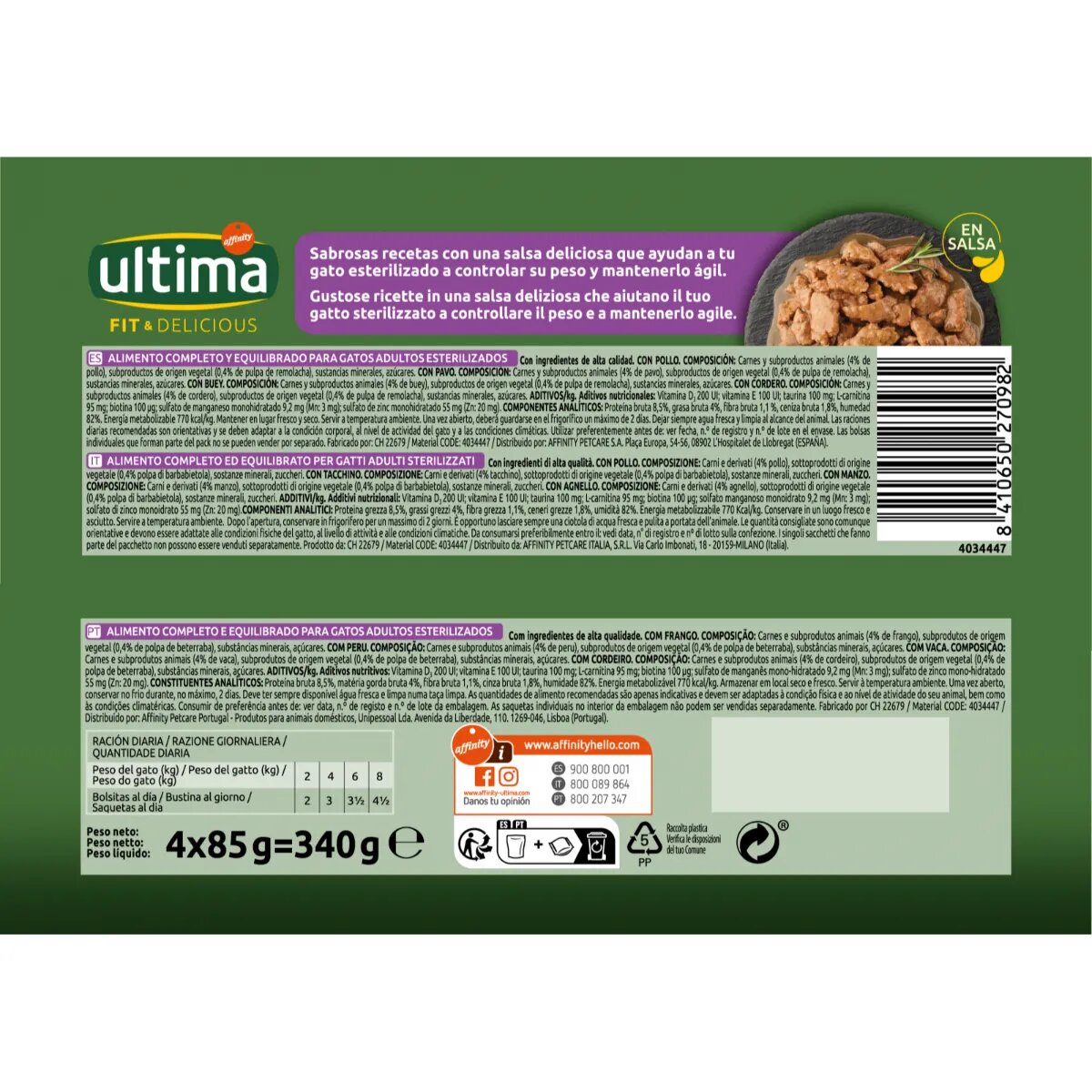 ULTIMA Fit & Delicious Sterilised Selection Carne plic hrană umedă pisici sterilizate (în sos) multipack 85g x 4buc