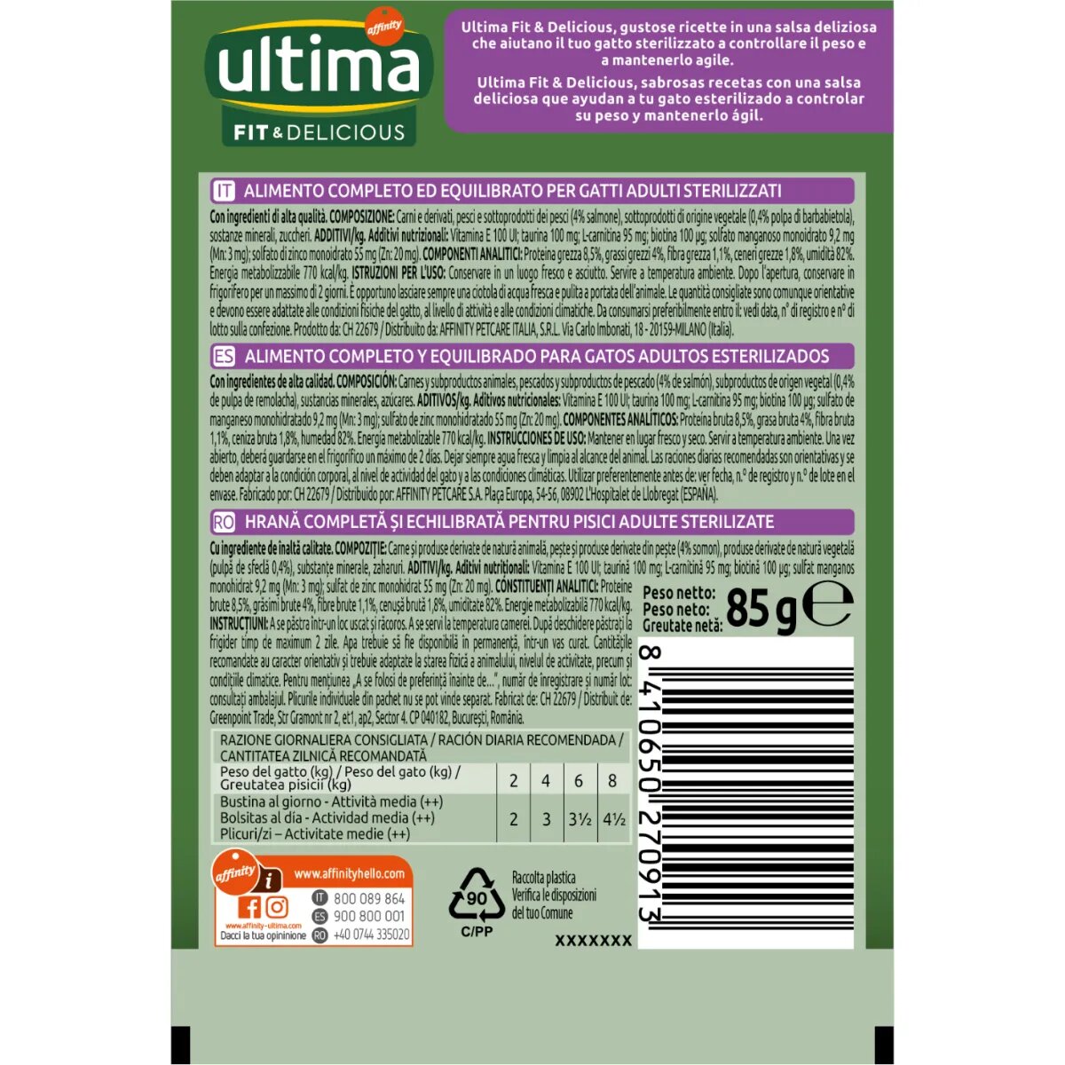 ULTIMA Fit & Delicious Sterilised Somon plic hrană umedă pisici sterilizate (în sos) 85g