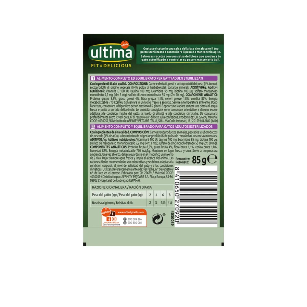 ULTIMA Fit & Delicious Sterilised Ton plic hrană umedă pisici sterilizate (în sos) bax 85g x 24buc