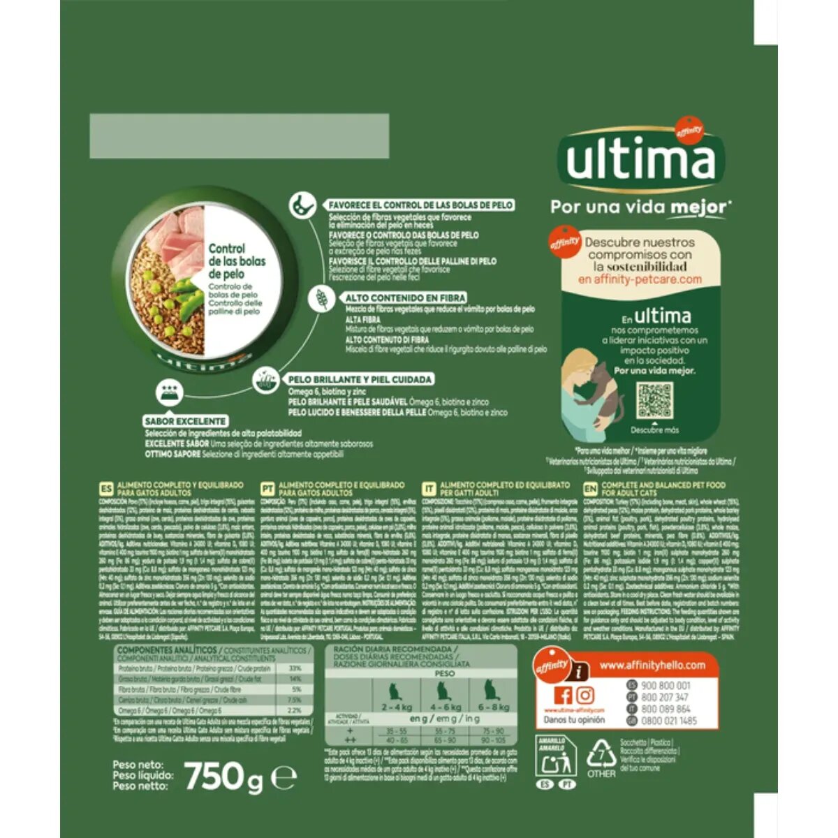 ULTIMA Hairball Curcan hrană uscată pisici limitarea ghemurilor de blană 750g