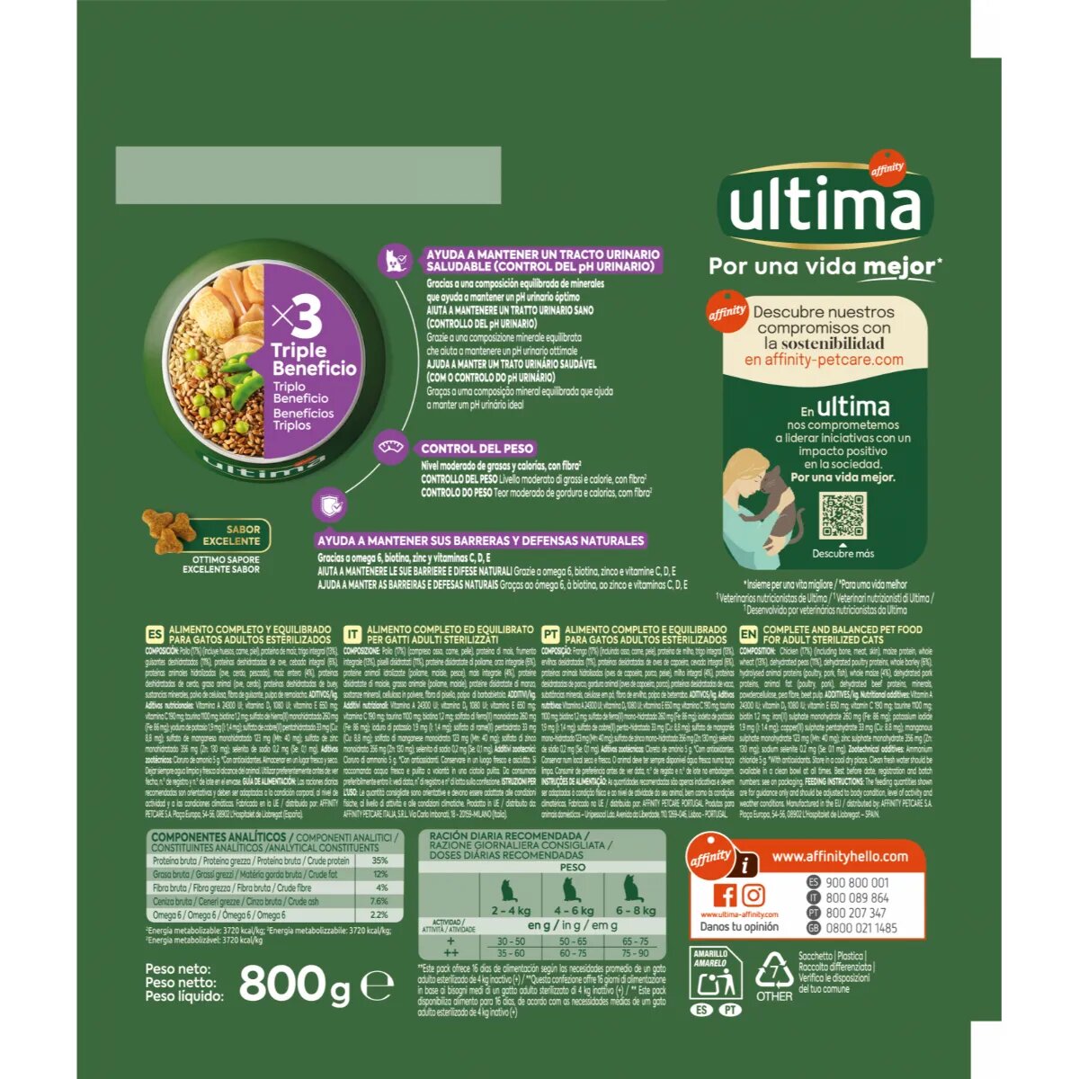 ULTIMA Sterilised Pui hrană uscată pisici sterilizate 800g