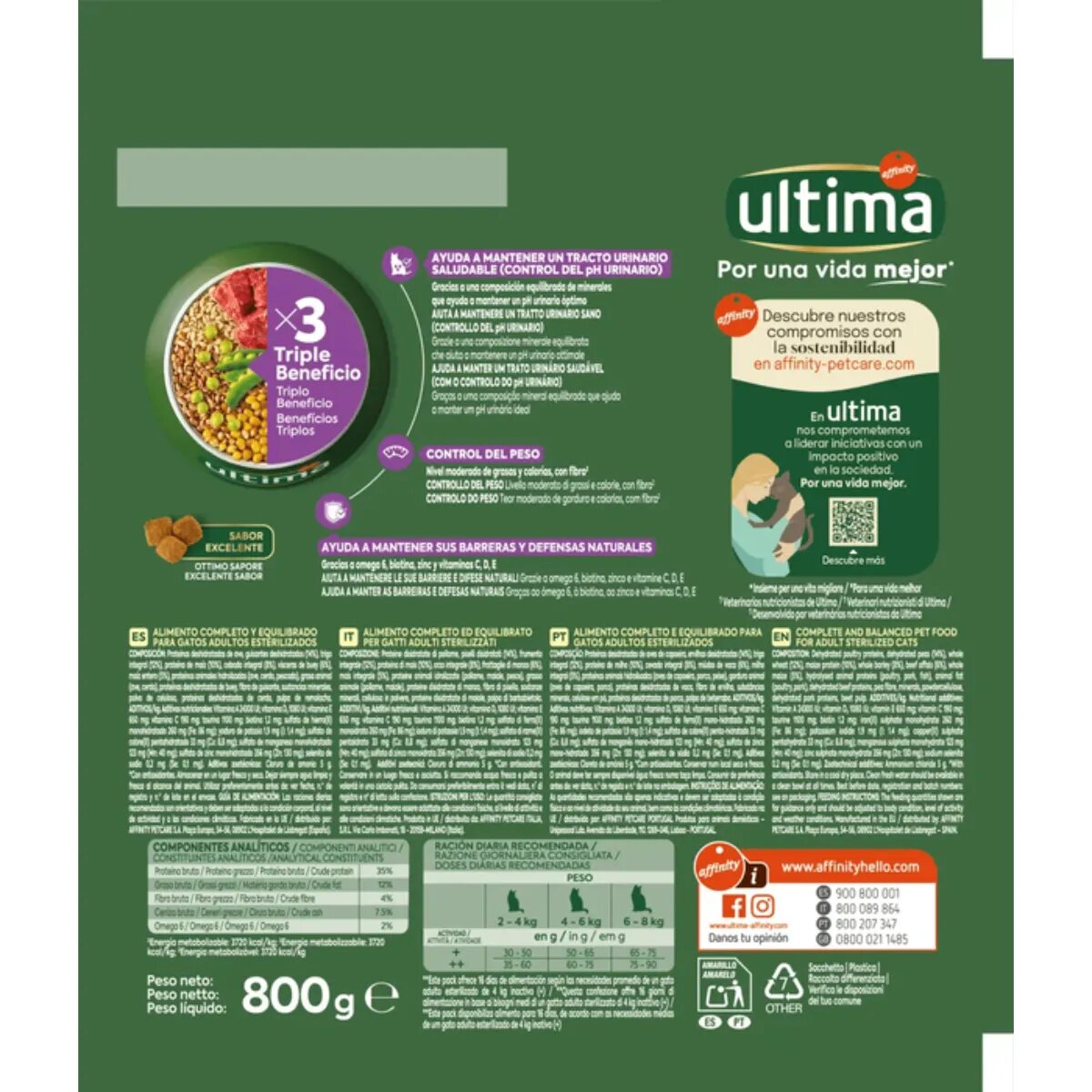 ULTIMA Sterilised Vită hrană uscată pisici sterilizate 800g