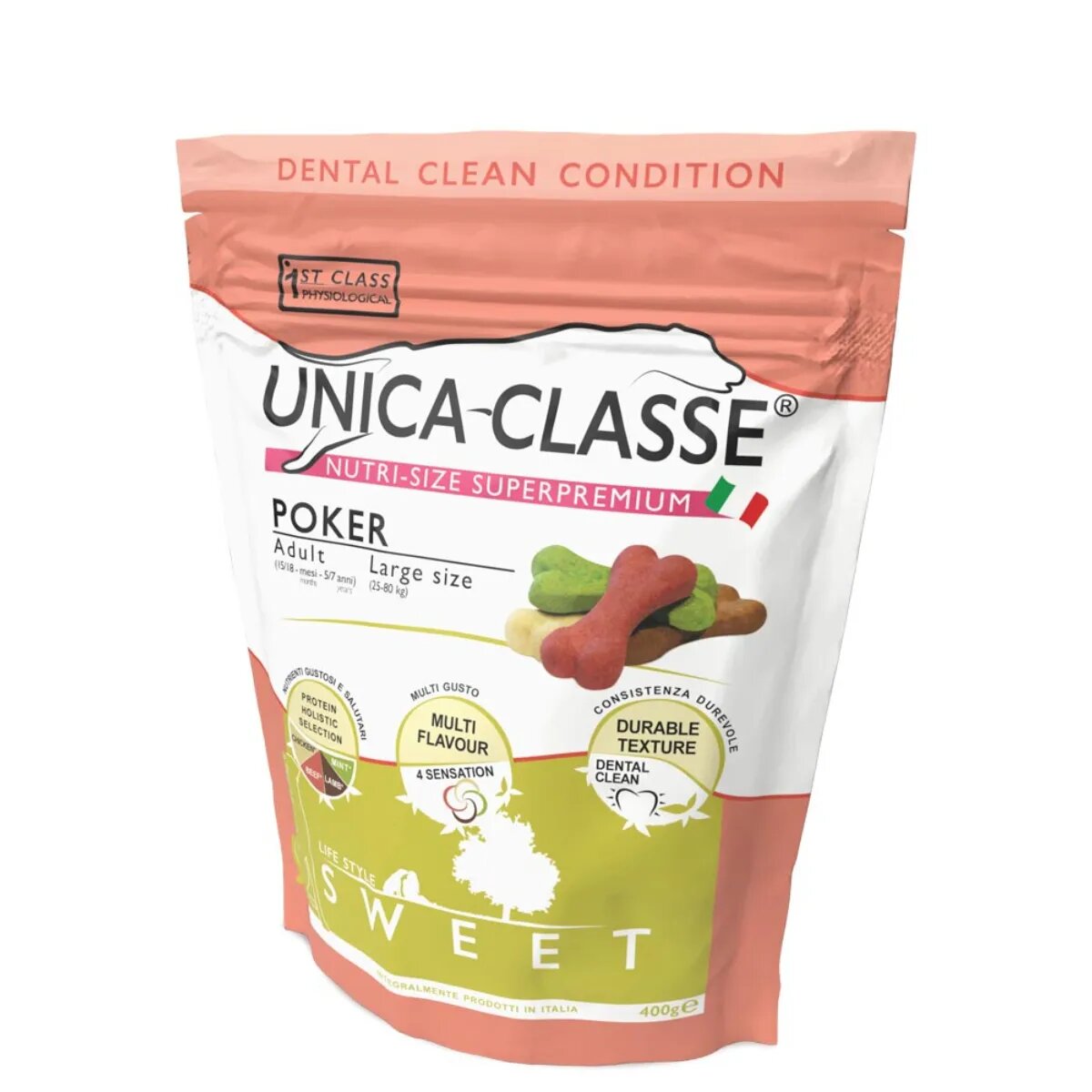 UNICA Classe Poker Sweet L-XL Pui și Vită punguță recompense funcționale câini sensibilități dentare 400g