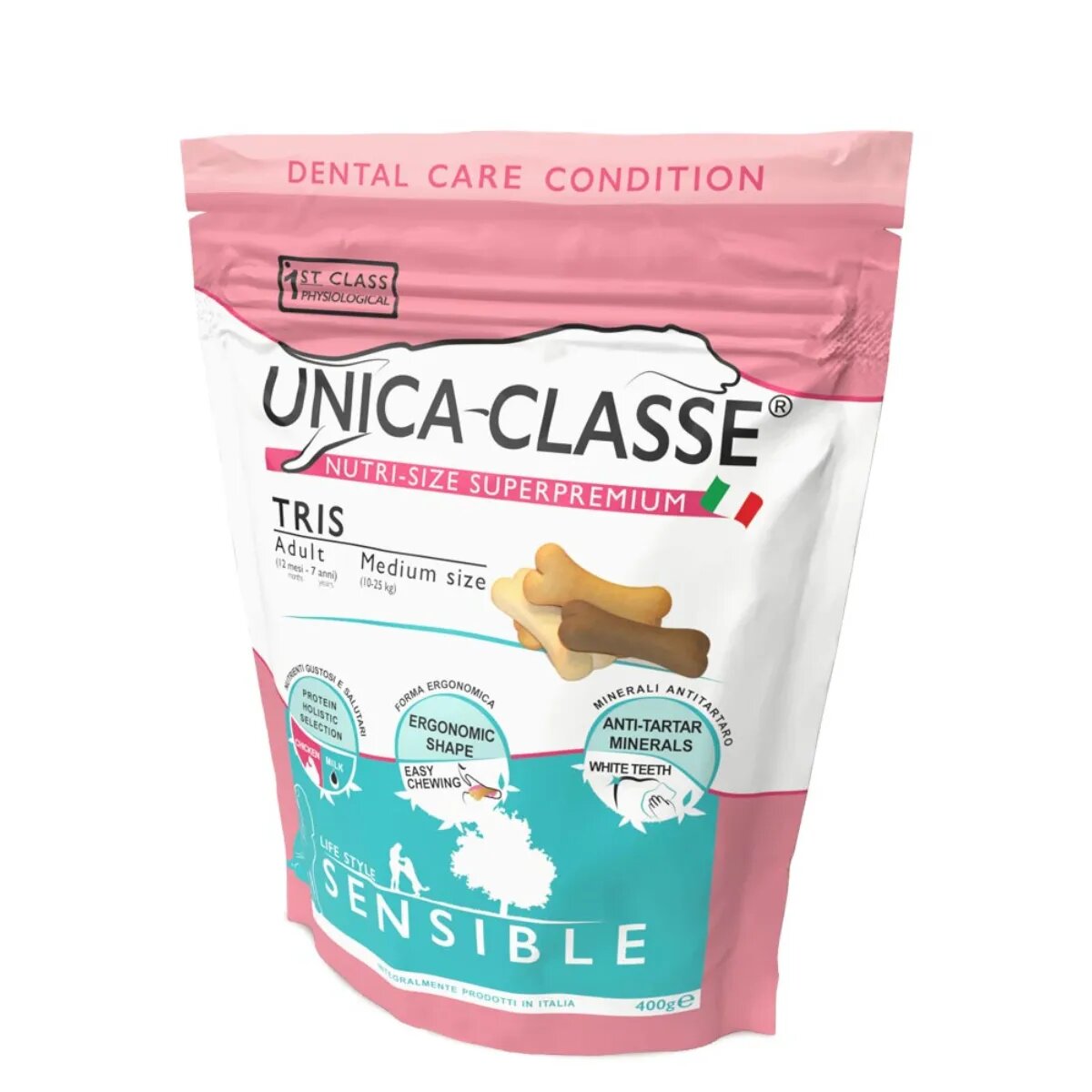 UNICA Classe Tris M Pui și Miel punguță recompense funcționale câini sensibilități dentare 400g