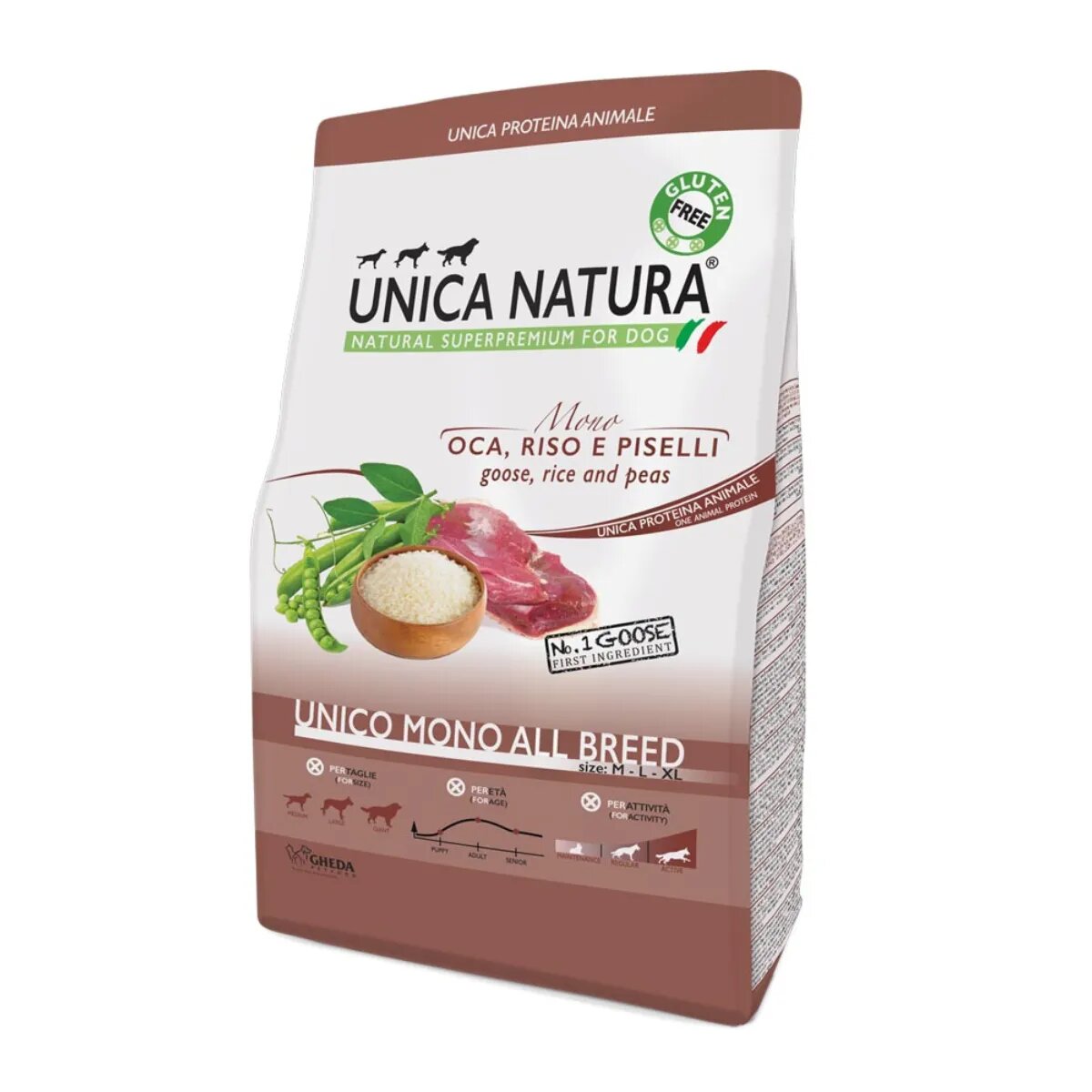 UNICA Natura Mono M-XL Gâsca și Orez hrană uscată monoproteică câini 12kg