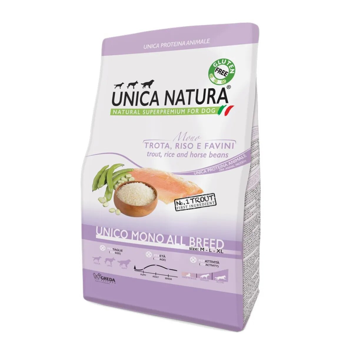 UNICA Natura Mono M-XL Păstrăv și Orez hrană uscată monoproteică câini 12kg