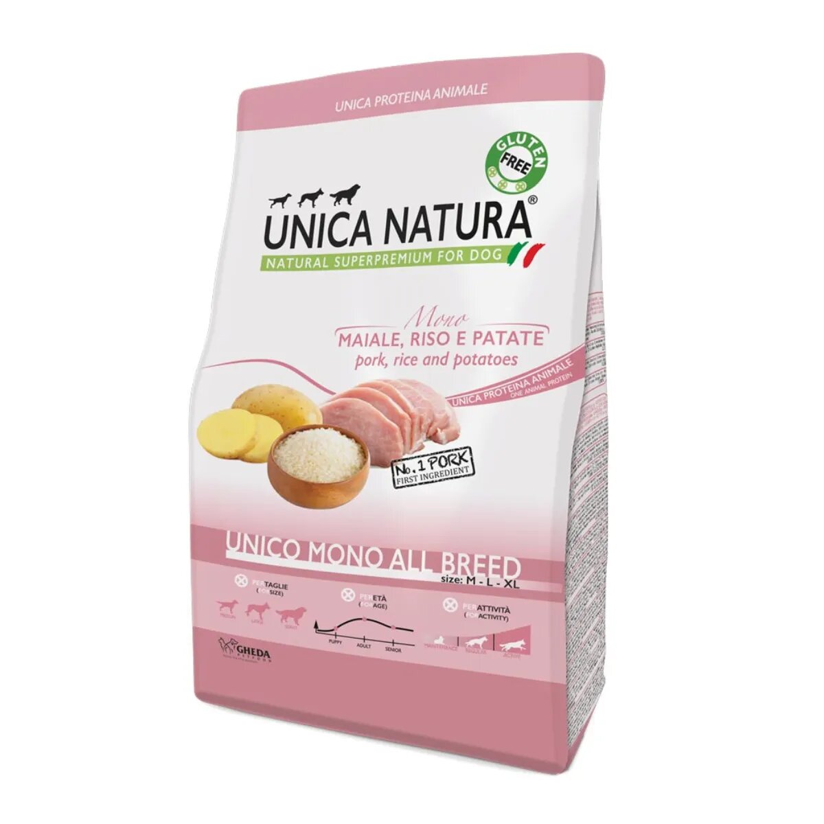 UNICA Natura Mono M-XL Porc și Orez hrană uscată câini 12kg