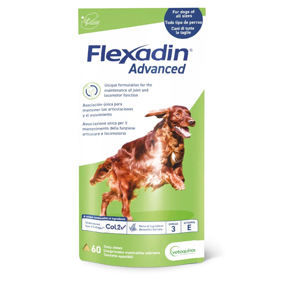 Vetoquinol Flexadin Advanced supliment sistem articular câini comprimate masticabile Flexadin Advanced S-XL supliment sistem articular câini punguță 60 comprimate masticabile