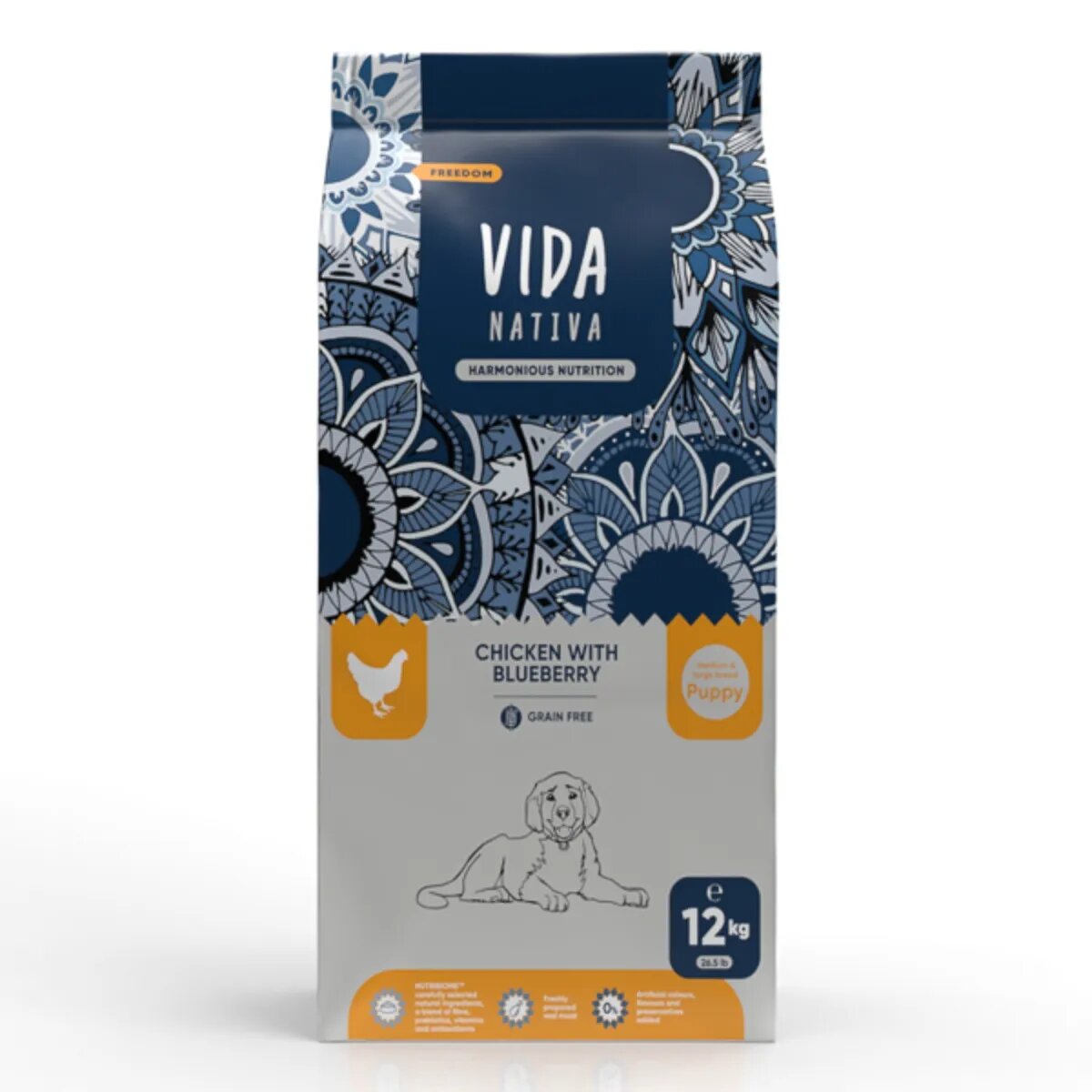 VIDA NATIVA Freedom M-XL Pui și afine hrană uscată fără cereale câini junior 12kg